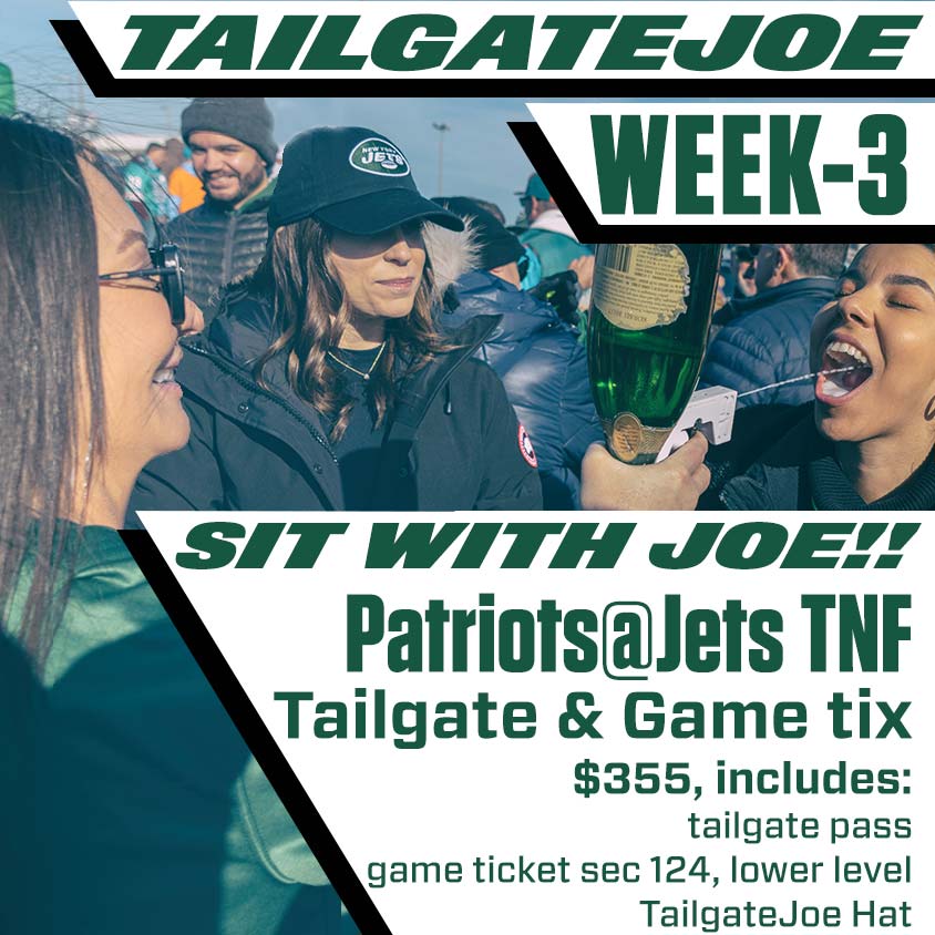 NY Jets Tailgate Party and Game Ticket Package Group Outing, Patriots